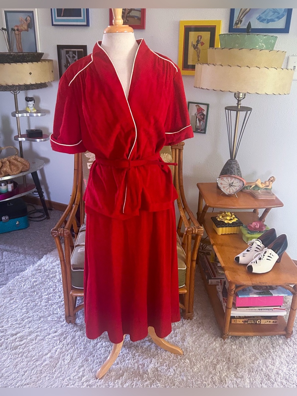 Vintage 1940s Style Set | Jacket | Skirt | 2 Pc | Rust Terry | M | 40s 70s